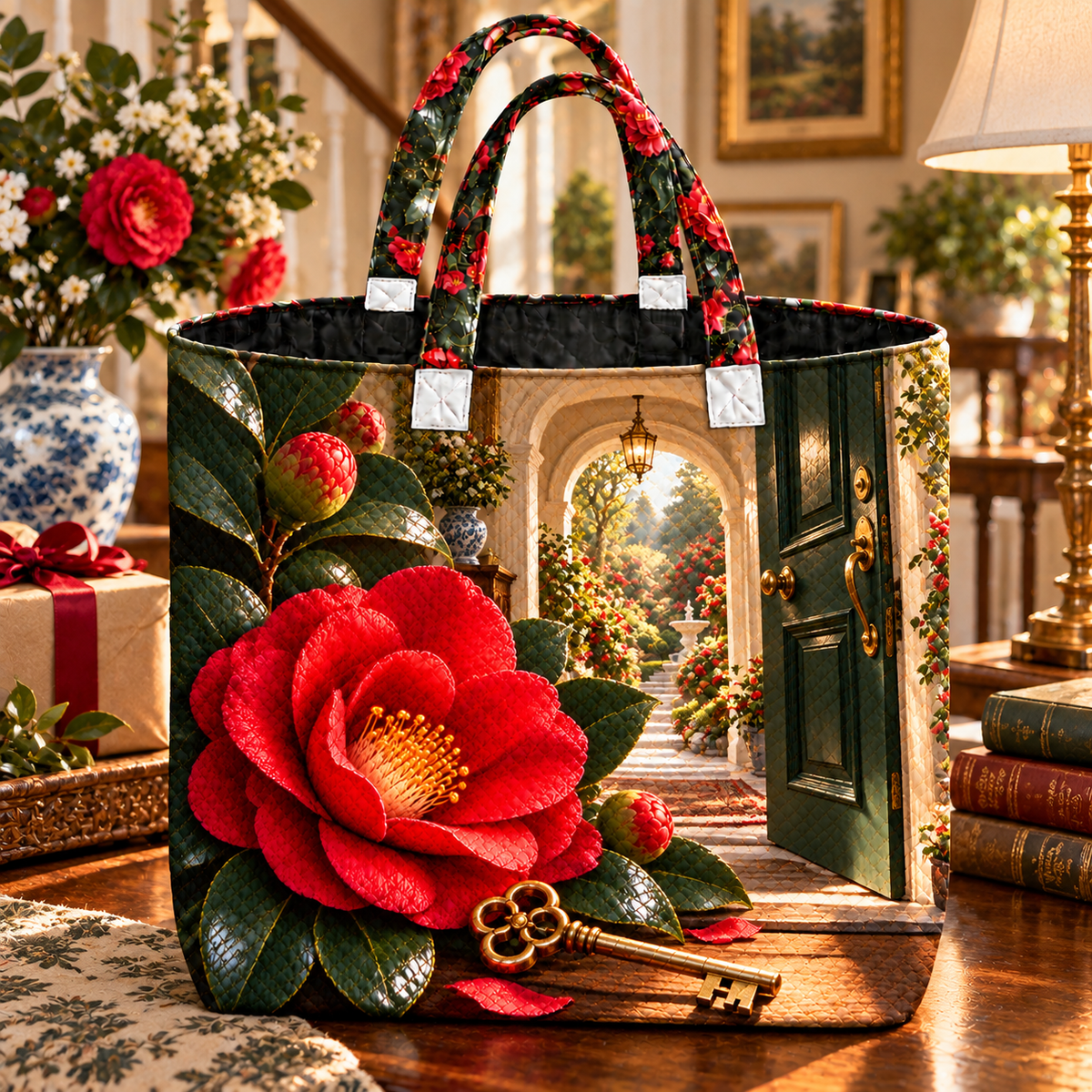 Camellia New Home Garden Quilted Tote Bag with printed optical 3D artwork in its use setting