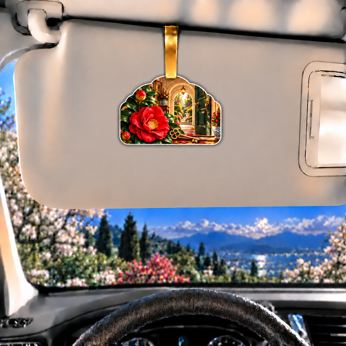Camellia New Home Garden Holographic Car Visor Clip with printed optical 3D artwork in its use setting