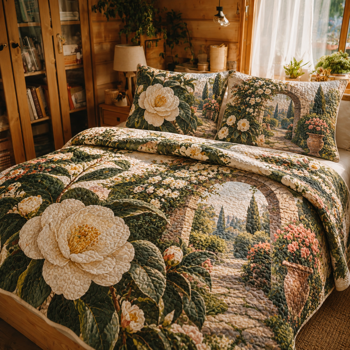 Camellia Quiet Reading Nook Quilted Bedding Set — flat printed artwork on source-correct product form