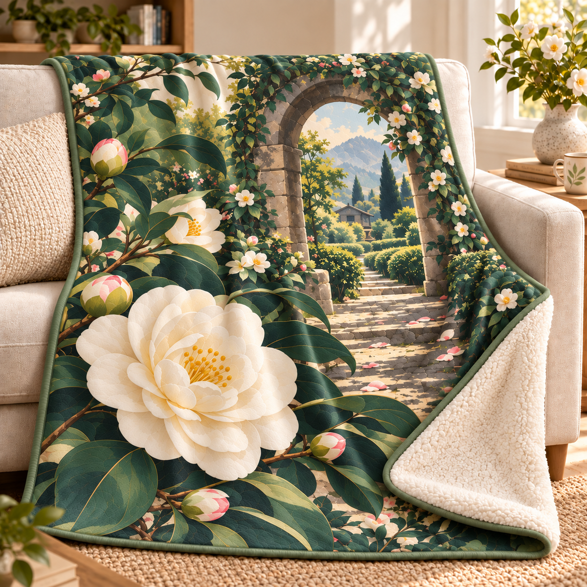 Camellia Quiet Reading Nook Sherpa & Fleece Blanket — flat printed artwork on source-correct product form