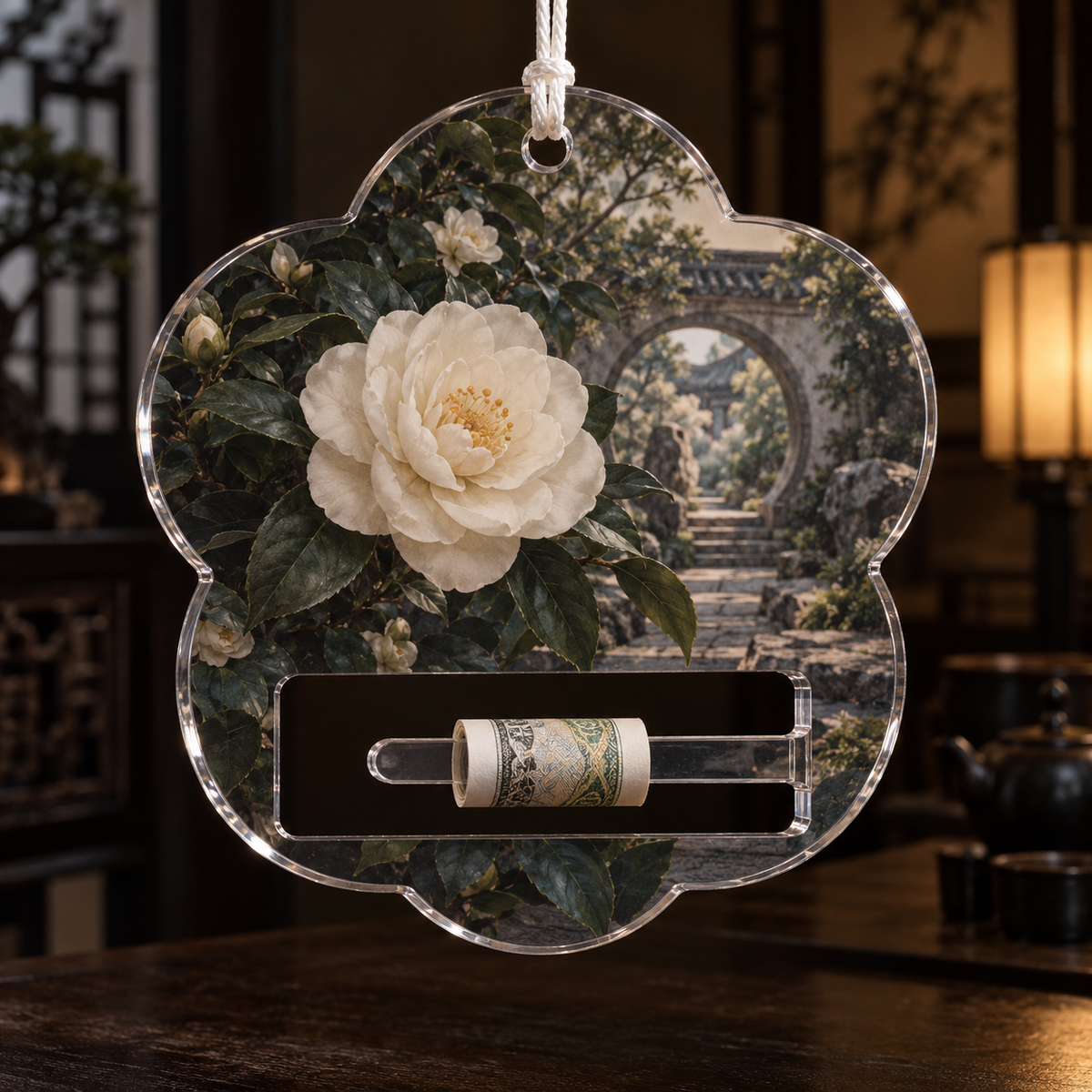 Camellia Quiet Reading Nook Acrylic Cash Holder Ornament — flat printed artwork on source-correct product form