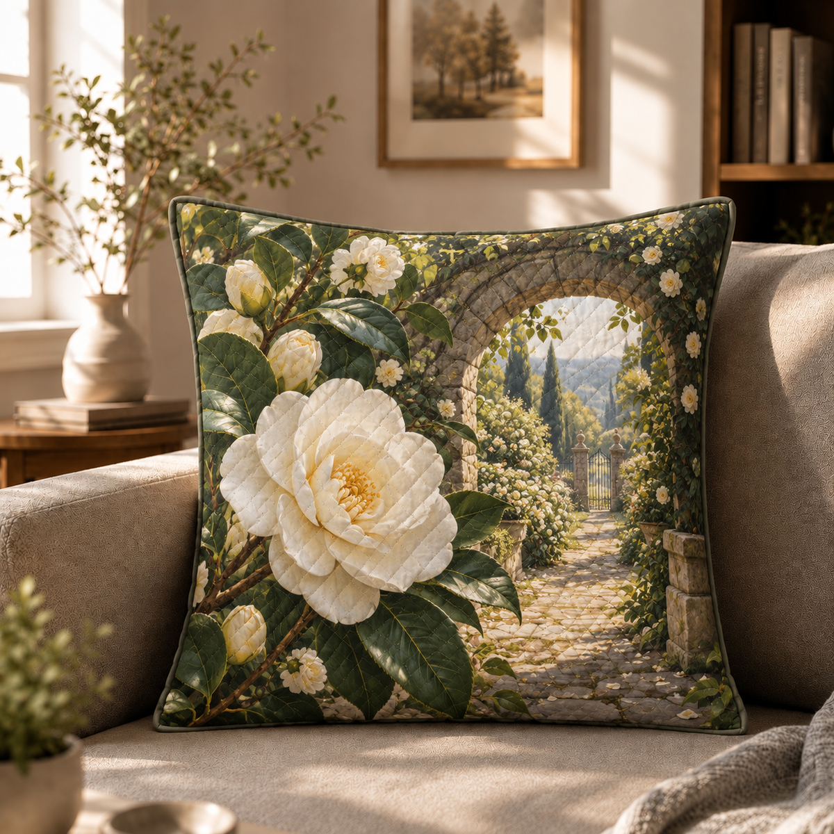 Camellia Quiet Reading Nook Quilted Cushion Cover — flat printed artwork on source-correct product form