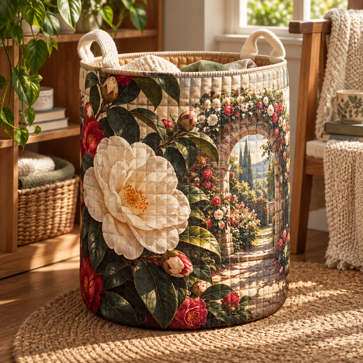 Camellia Quiet Reading Nook Laundry Hamper — flat printed artwork on source-correct product form