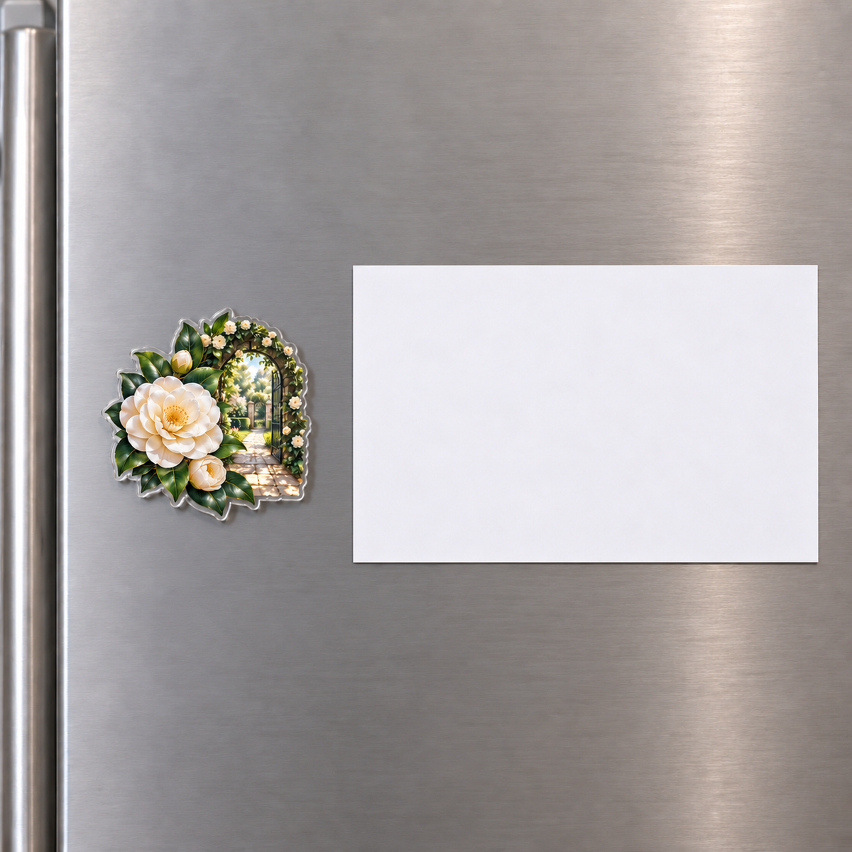 Camellia Quiet Reading Nook Acrylic Refrigerator Magnet — flat printed artwork on source-correct product form