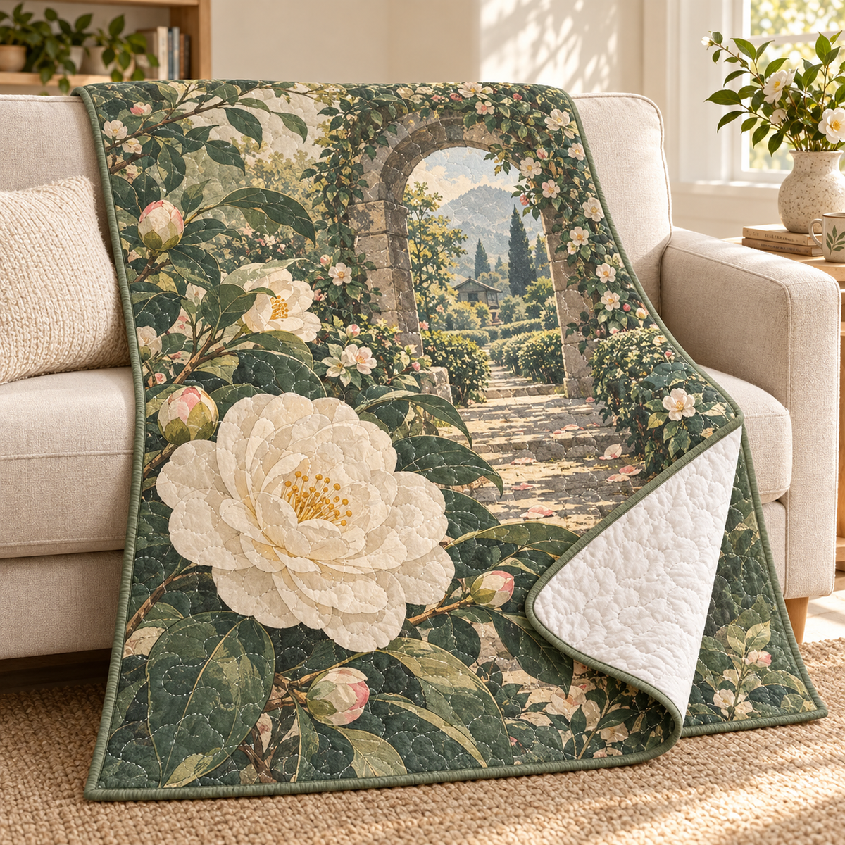 Camellia Quiet Reading Nook Quilt Blanket — flat printed artwork on source-correct product form