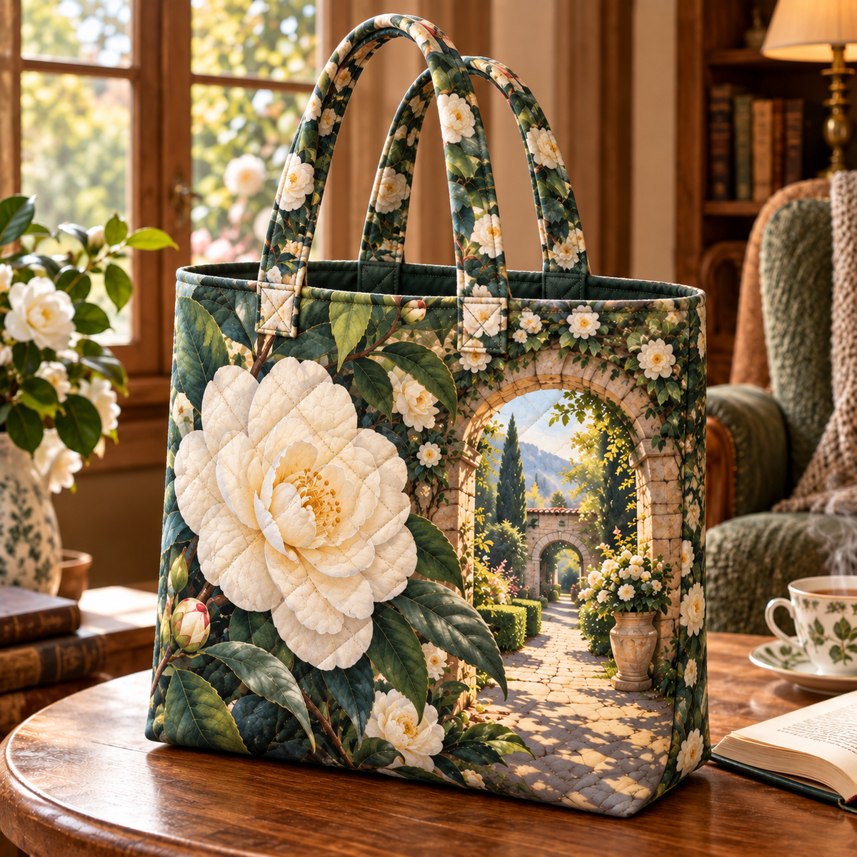 Camellia Quiet Reading Nook Quilted Tote Bag — flat printed artwork on source-correct product form