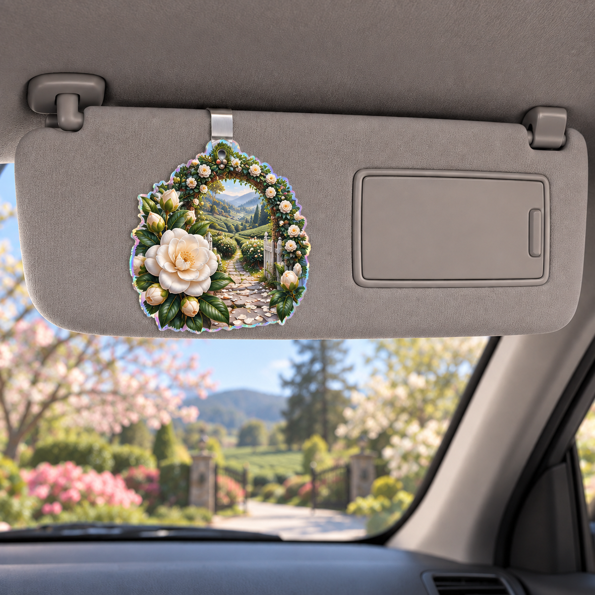 Camellia Quiet Reading Nook Holographic Car Visor Clip — flat printed artwork on source-correct product form