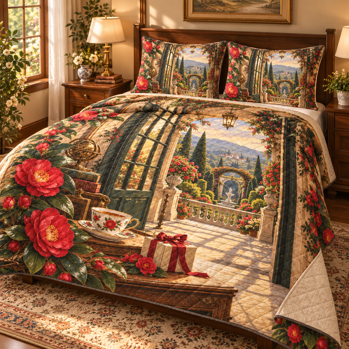 Camellia Collector Birthday Quilted Bedding Set with printed optical 3D artwork in its use setting