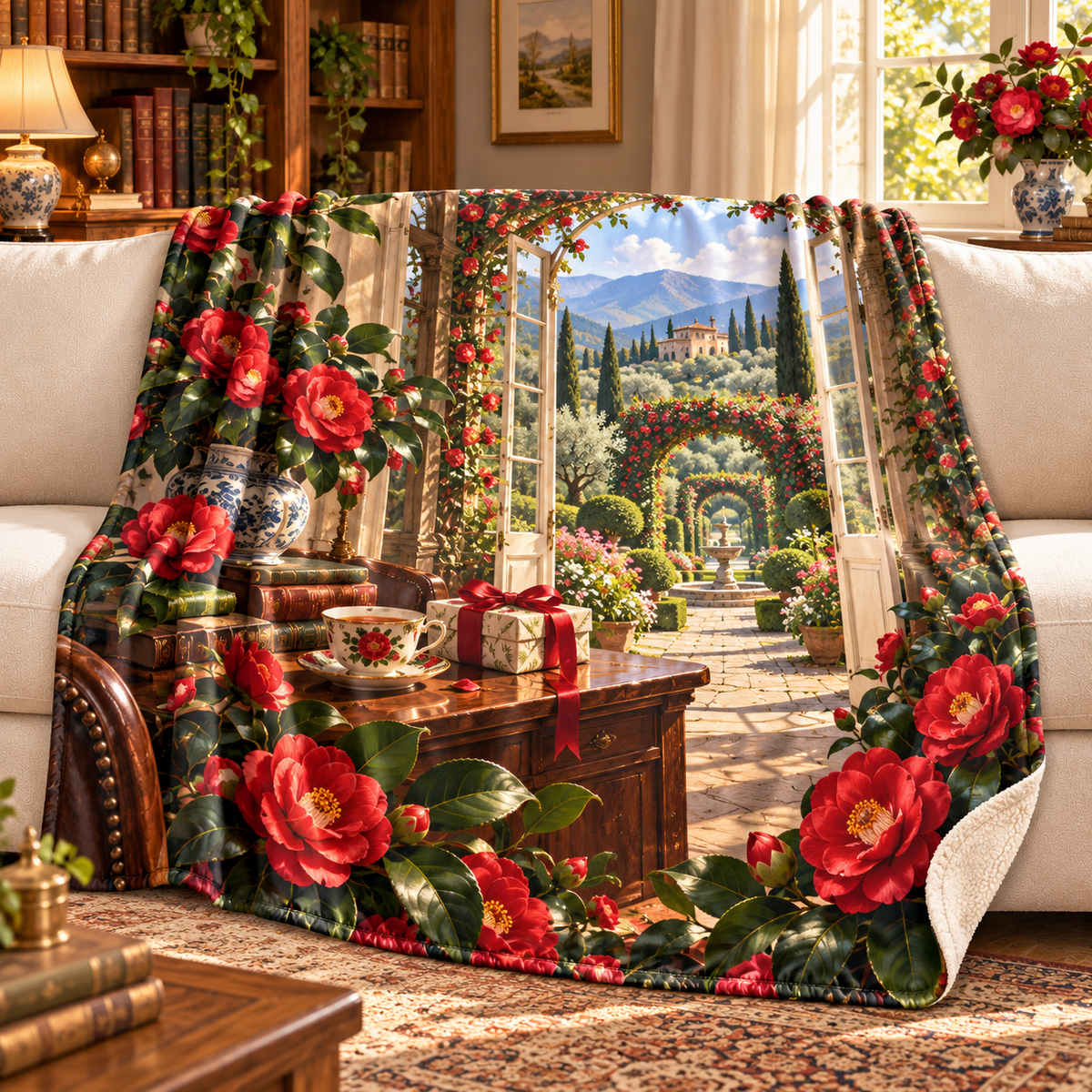 Camellia Collector Birthday Sherpa & Fleece Blanket with printed optical 3D artwork in its use setting