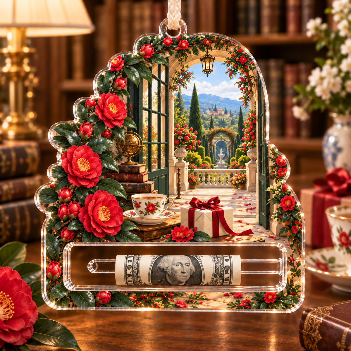Camellia Collector Birthday Acrylic Cash Holder Ornament with printed optical 3D artwork in its use setting