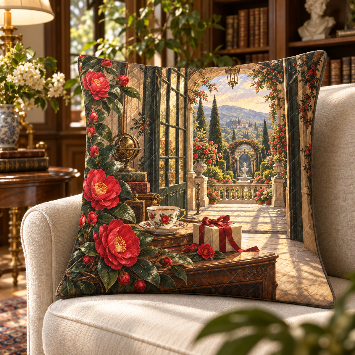 Camellia Collector Birthday Quilted Cushion Cover with printed optical 3D artwork in its use setting