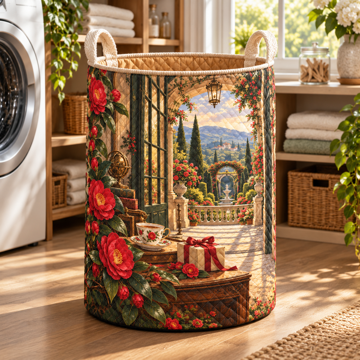 Camellia Collector Birthday Laundry Hamper with printed optical 3D artwork in its use setting