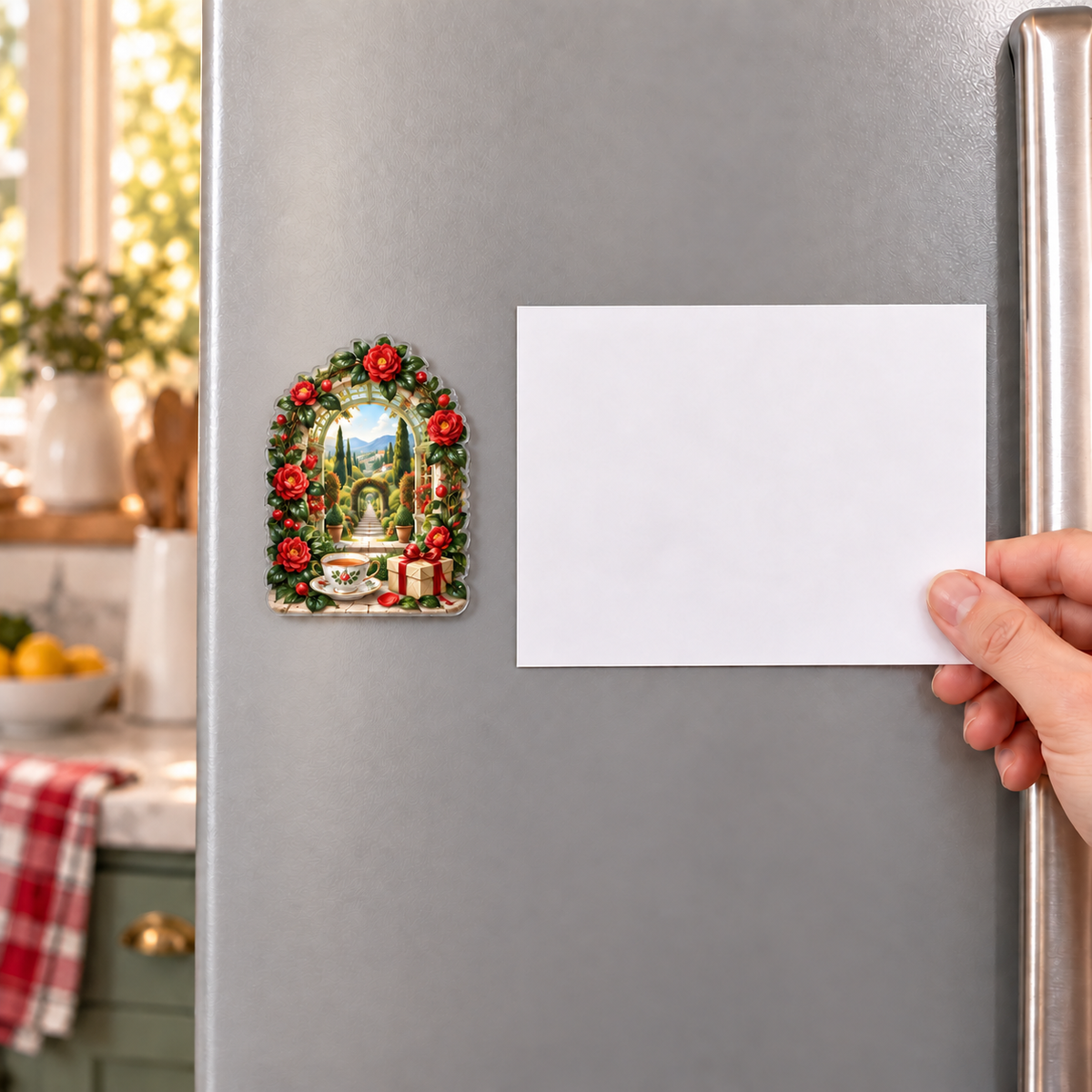 Camellia Collector Birthday Acrylic Refrigerator Magnet with printed optical 3D artwork in its use setting