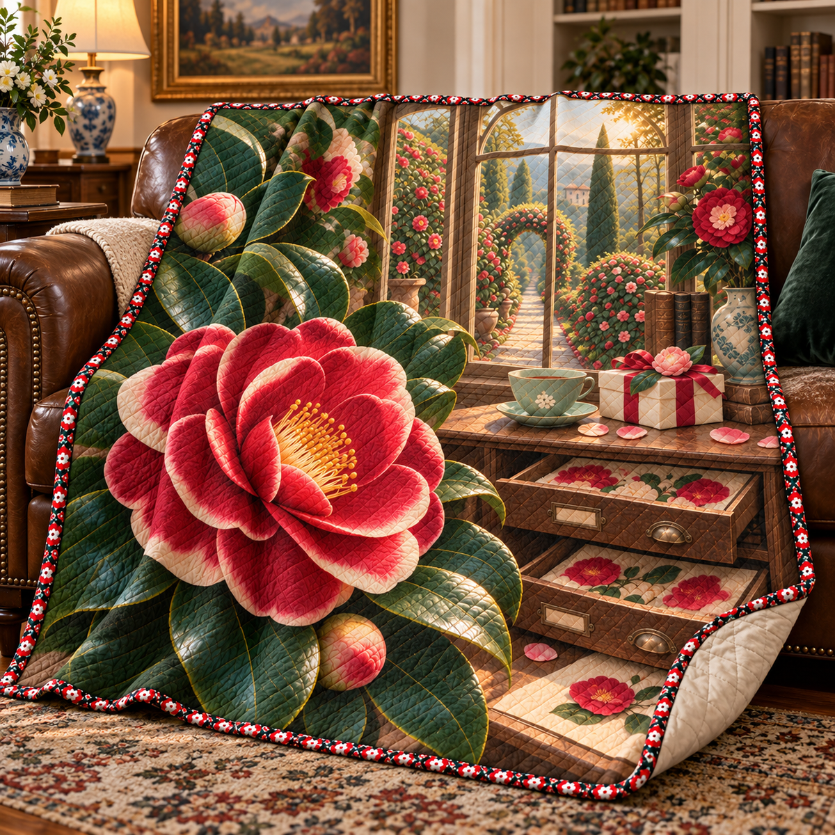 Camellia Collector Birthday Quilt Blanket with printed optical 3D artwork in its use setting