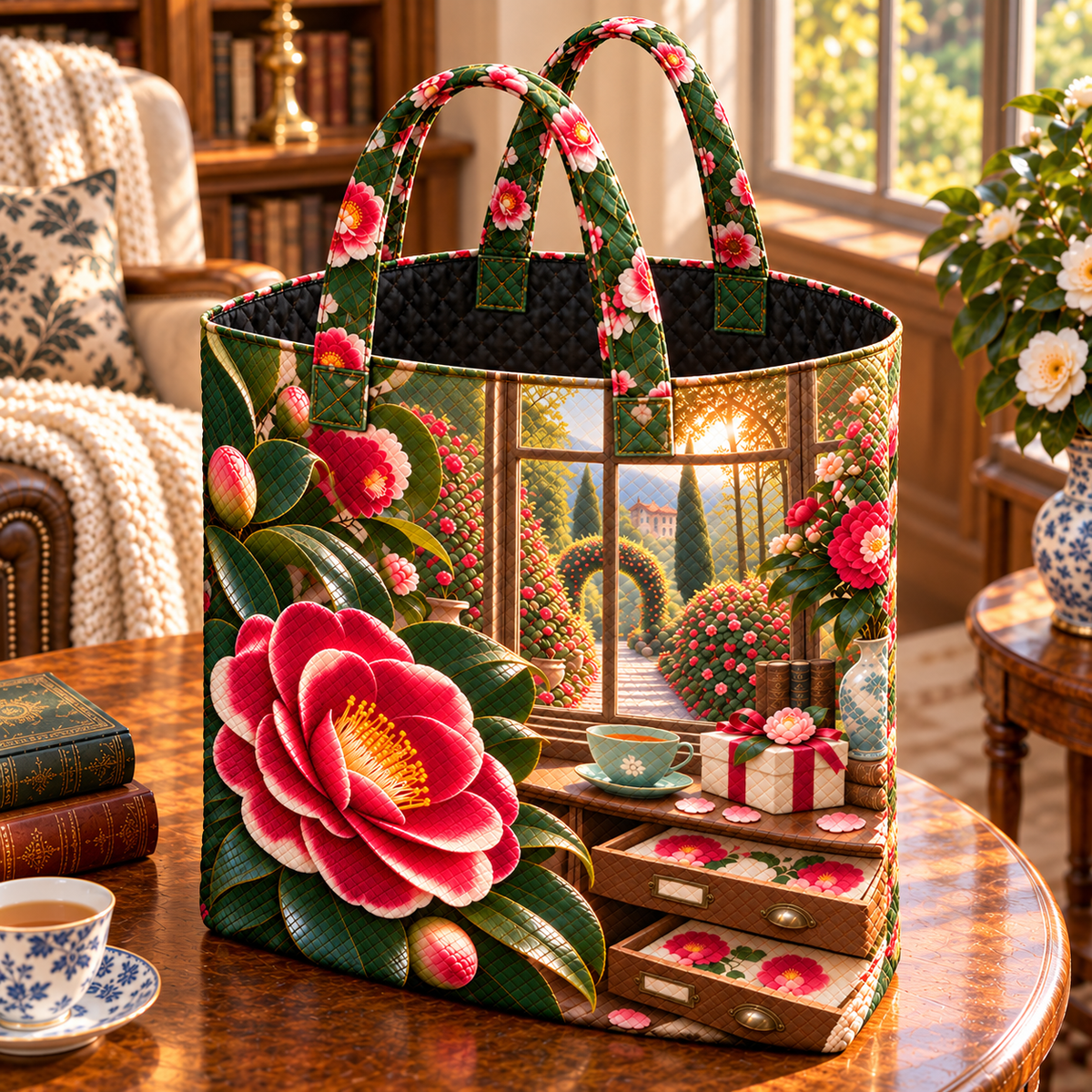Camellia Collector Birthday Quilted Tote Bag with printed optical 3D artwork in its use setting