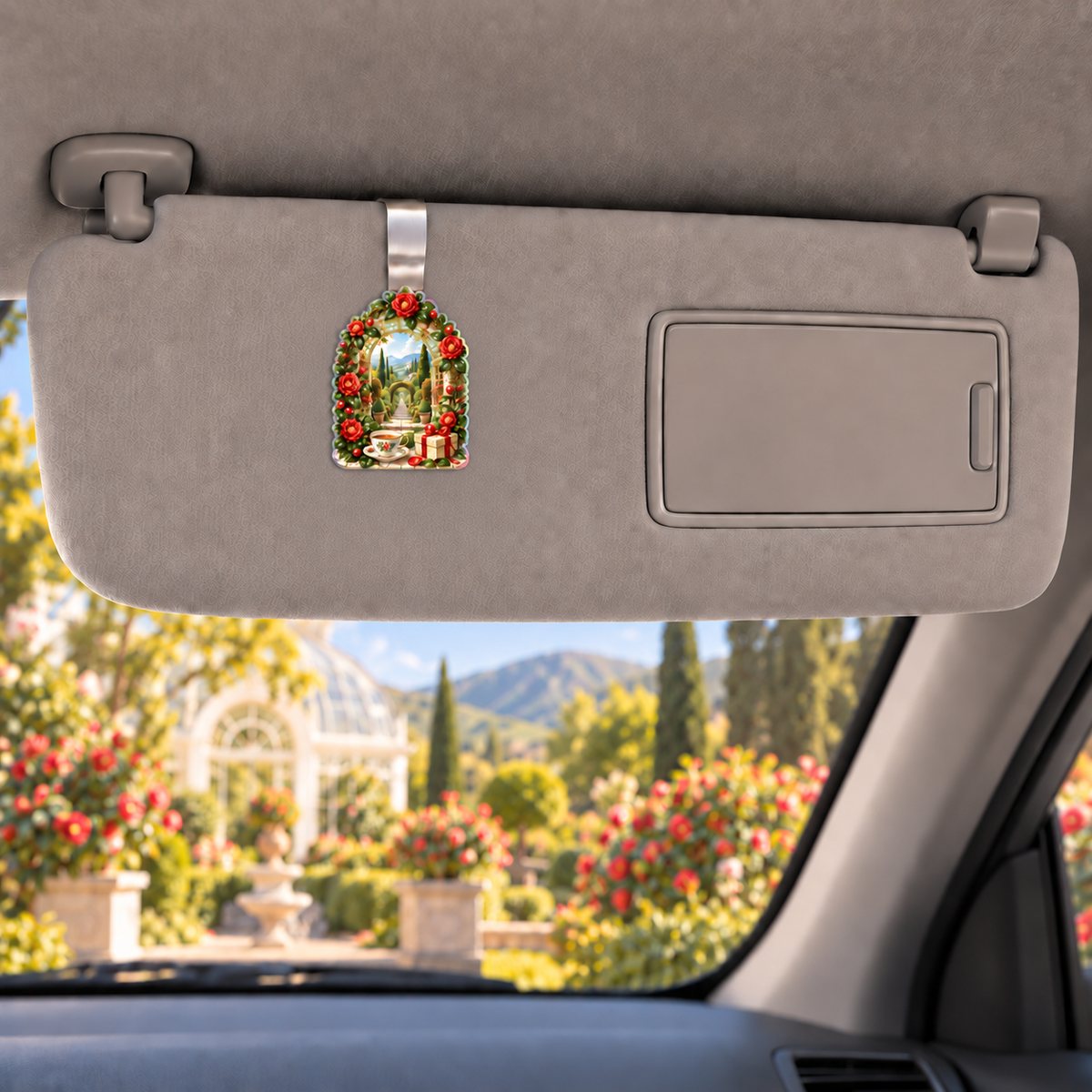 Camellia Collector Birthday Holographic Car Visor Clip with printed optical 3D artwork in its use setting
