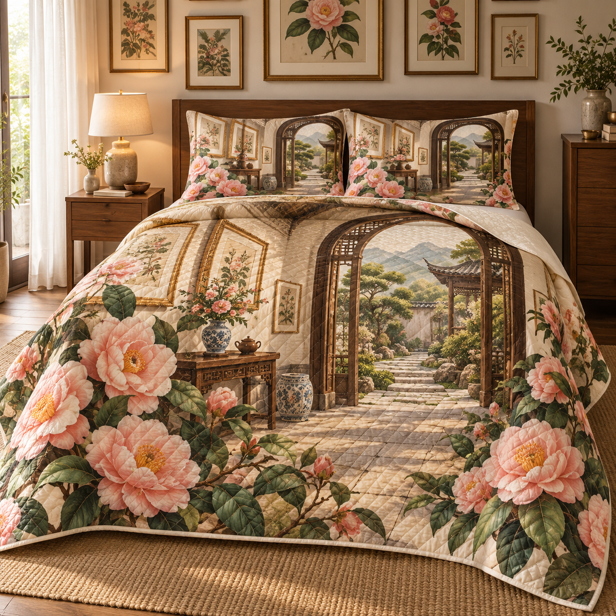 Camellia Gallery Quilted Bedding Set with flat printed botanical gallery artwork