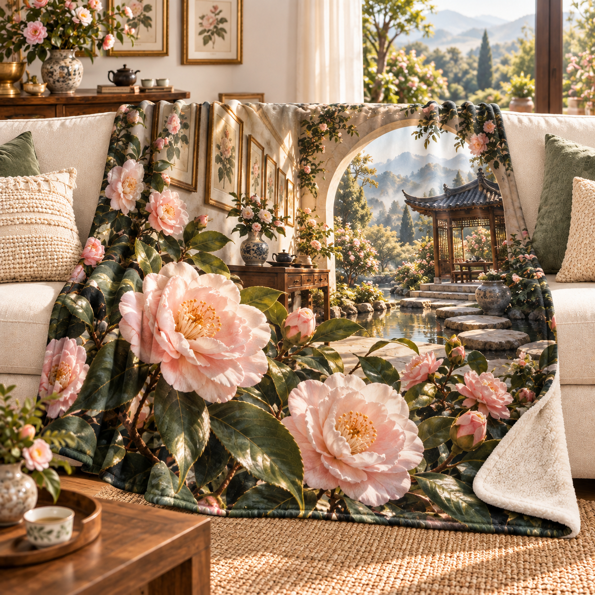 Camellia Gallery Sherpa & Fleece Blanket with flat printed botanical gallery artwork