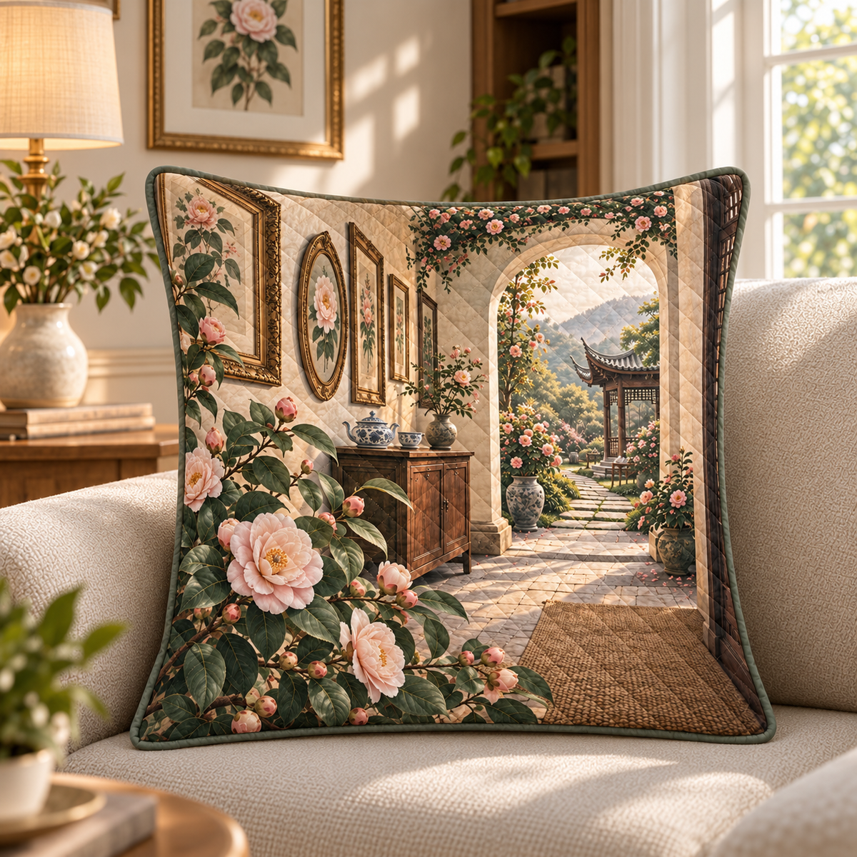 Camellia Gallery Quilted Cushion Cover with flat printed botanical gallery artwork