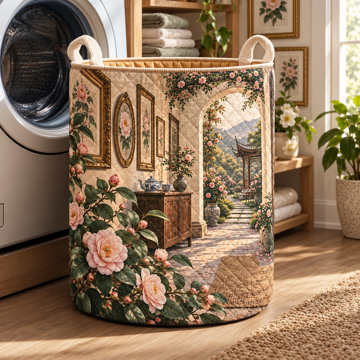 Camellia Gallery Laundry Hamper with flat printed botanical gallery artwork