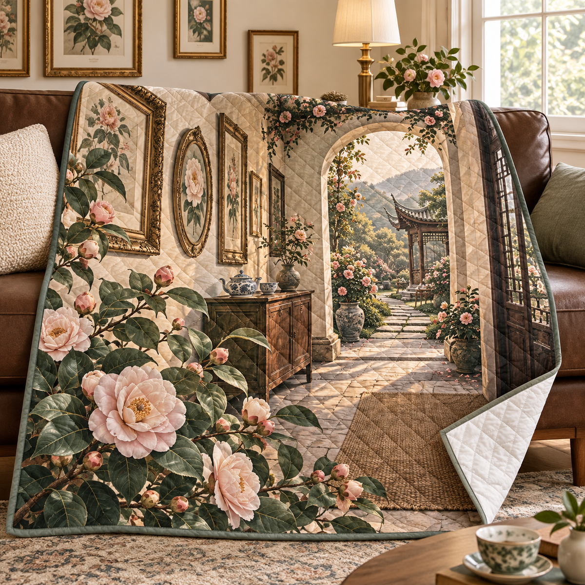Camellia Gallery Quilt Blanket with flat printed botanical gallery artwork