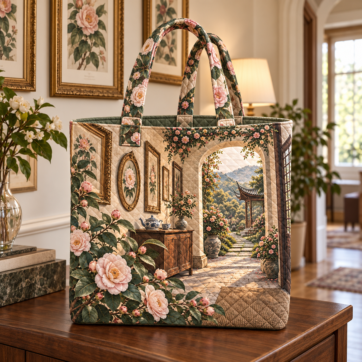 Camellia Gallery Quilted Tote Bag with flat printed botanical gallery artwork