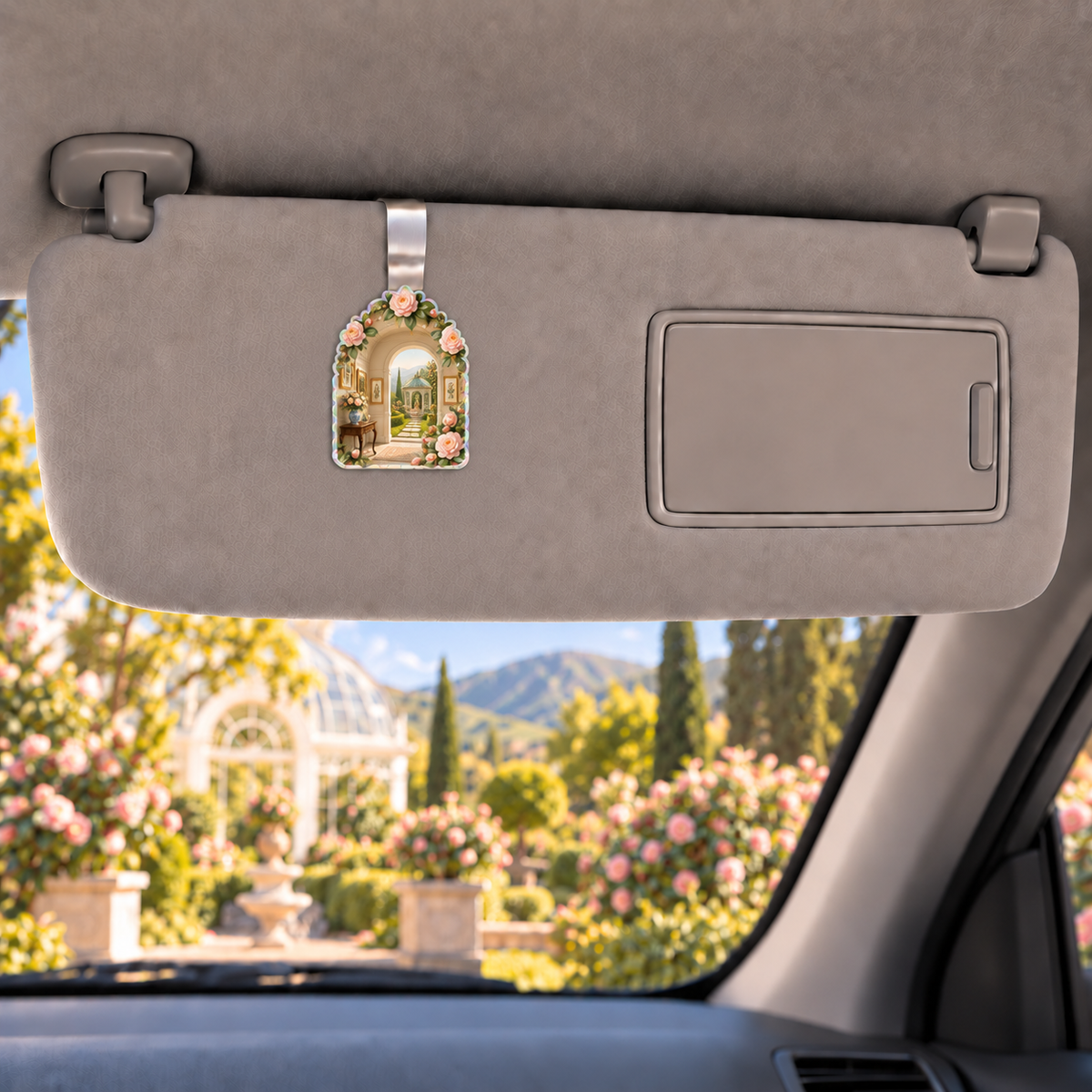 Camellia Gallery Holographic Car Visor Clip with flat printed botanical gallery artwork