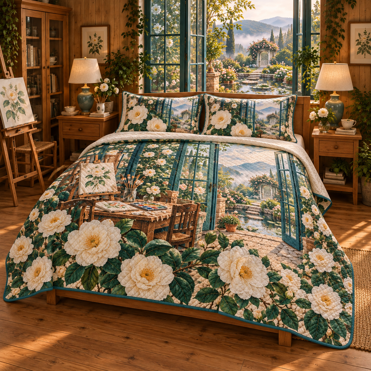 Camellia Atelier Quilted Bedding Set with flat printed optical 3D artwork in its use setting