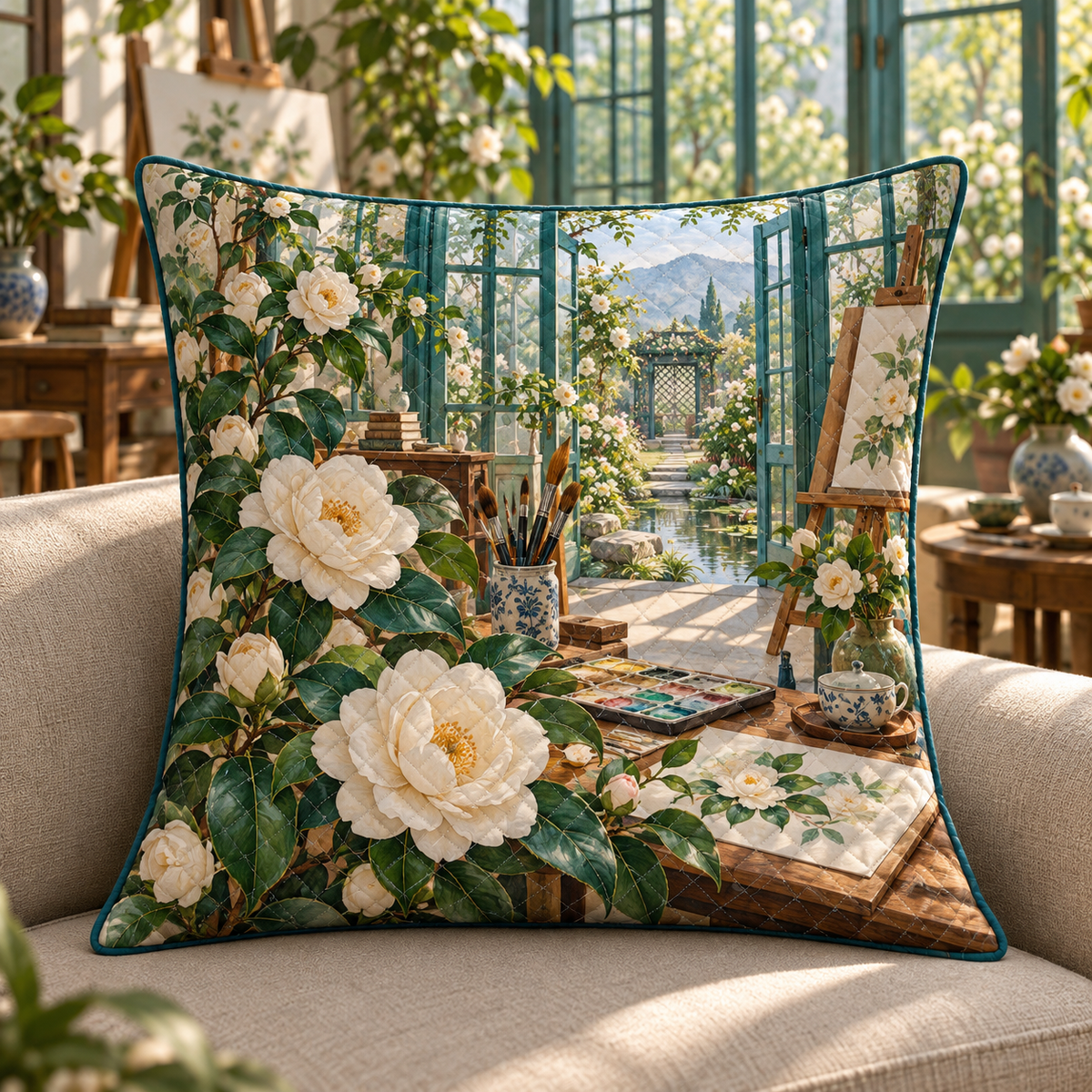 Camellia Atelier Quilted Cushion Cover with flat printed optical 3D artwork in its use setting