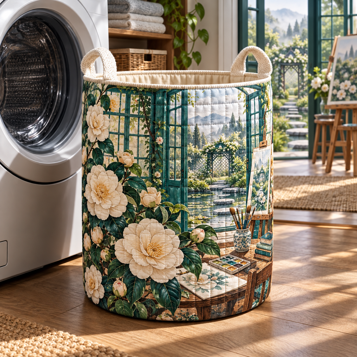 Camellia Atelier Laundry Hamper with flat printed optical 3D artwork in its use setting