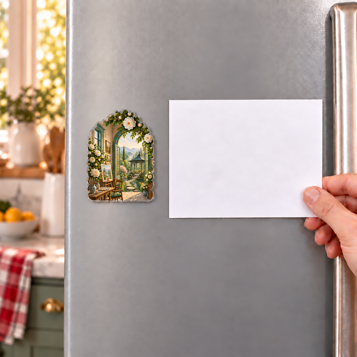 Camellia Atelier Acrylic Refrigerator Magnet with flat printed optical 3D artwork in its use setting