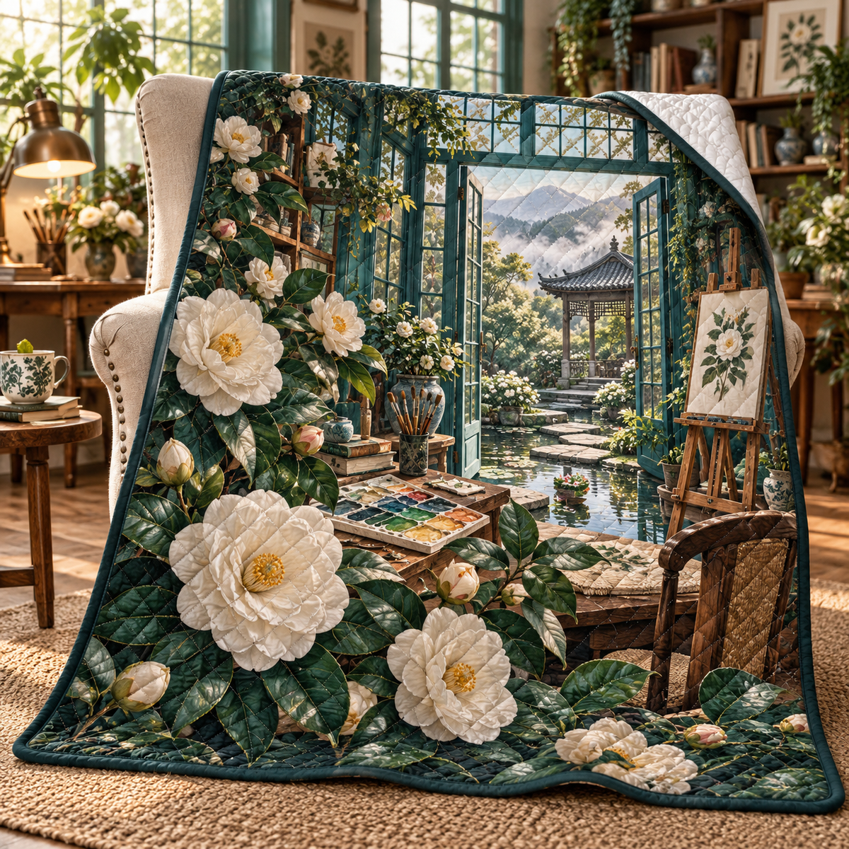 Camellia Atelier Quilt Blanket with flat printed optical 3D artwork in its use setting