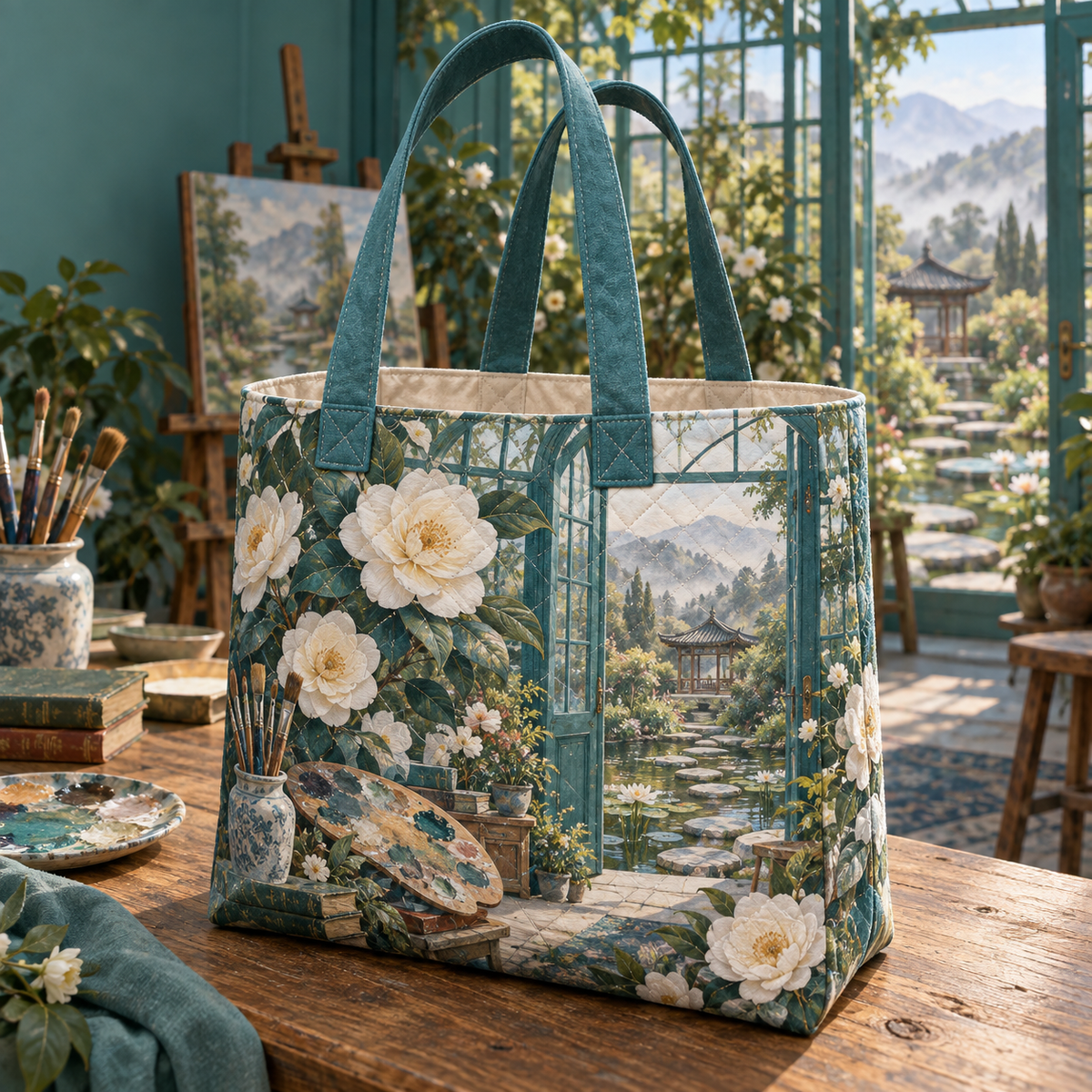 Camellia Atelier Quilted Tote Bag with flat printed optical 3D artwork in its use setting