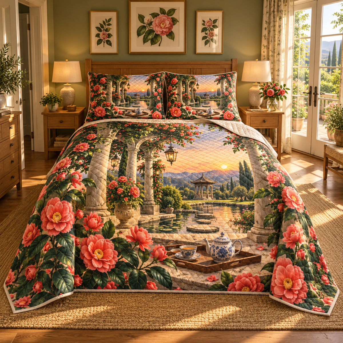 Camellia Welcome Quilted Bedding Set with flat printed optical 3D artwork in its use setting