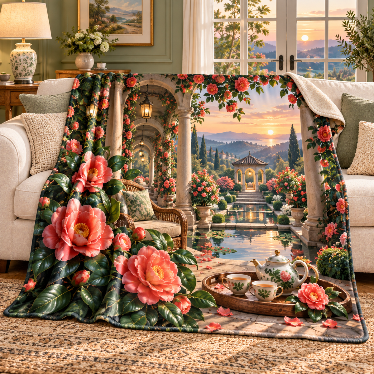 Camellia Welcome Sherpa & Fleece Blanket with flat printed optical 3D artwork in its use setting