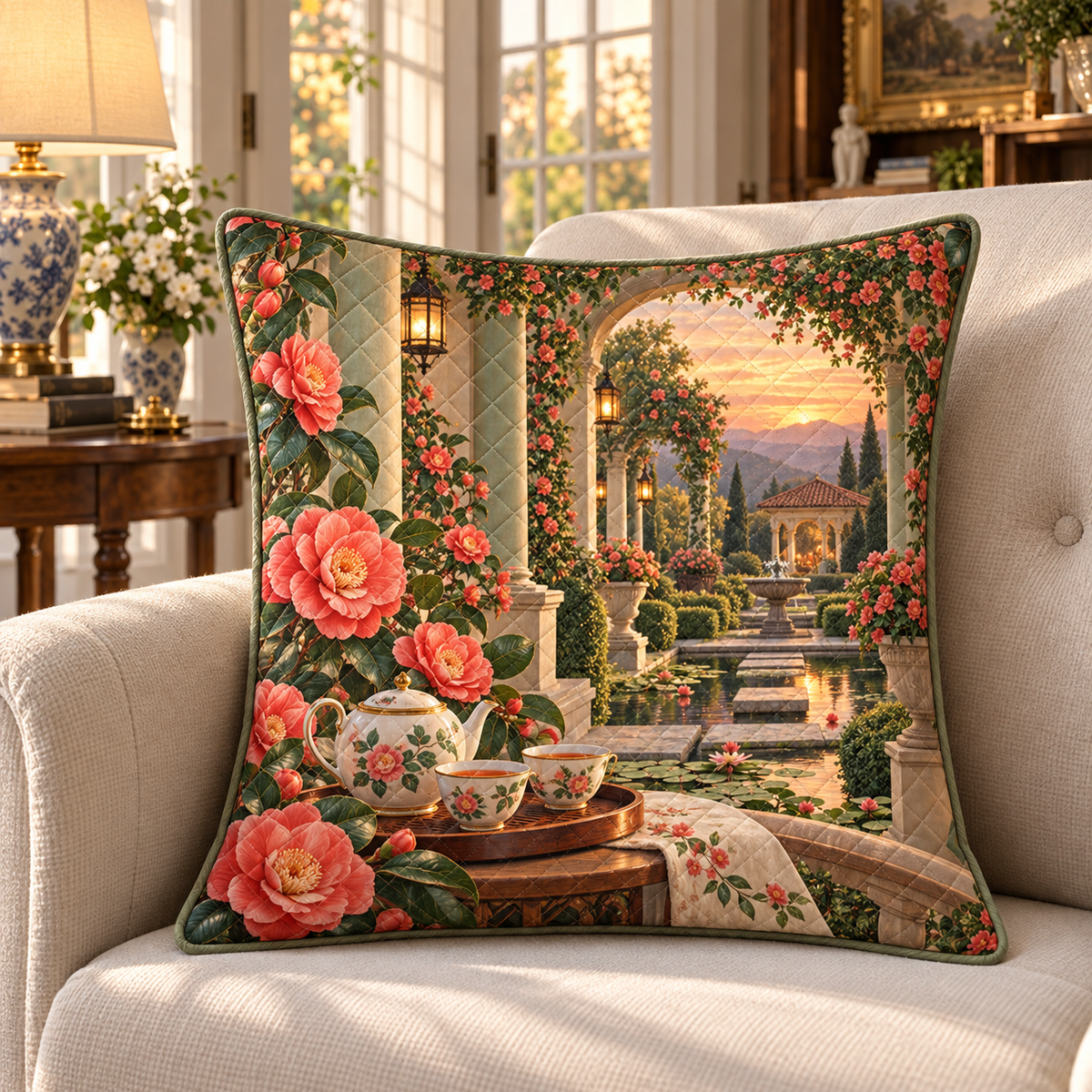 Camellia Welcome Quilted Cushion Cover with flat printed optical 3D artwork in its use setting