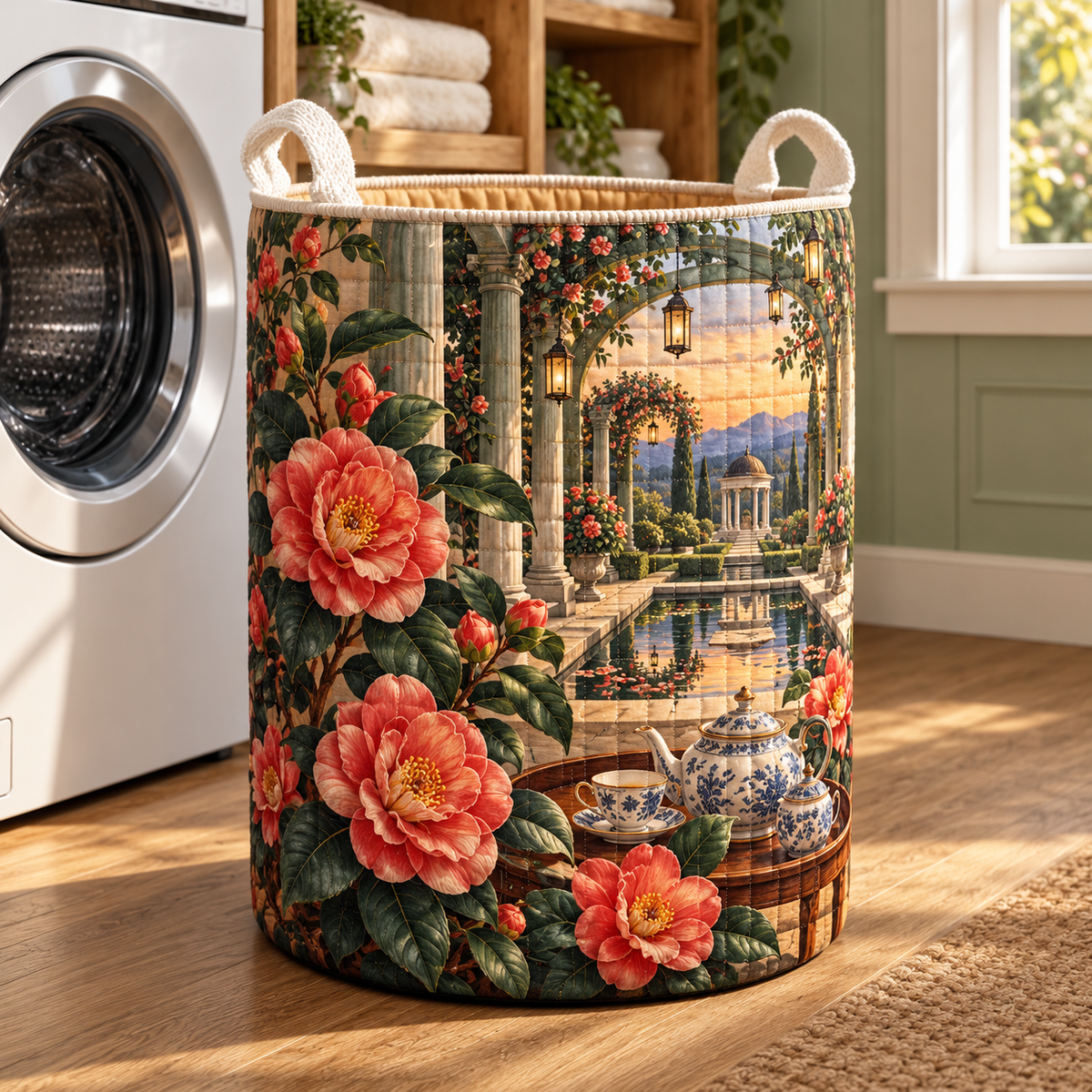 Camellia Welcome Laundry Hamper with flat printed optical 3D artwork in its use setting