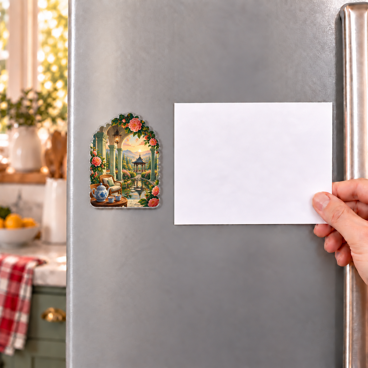 Camellia Welcome Acrylic Refrigerator Magnet with flat printed optical 3D artwork in its use setting