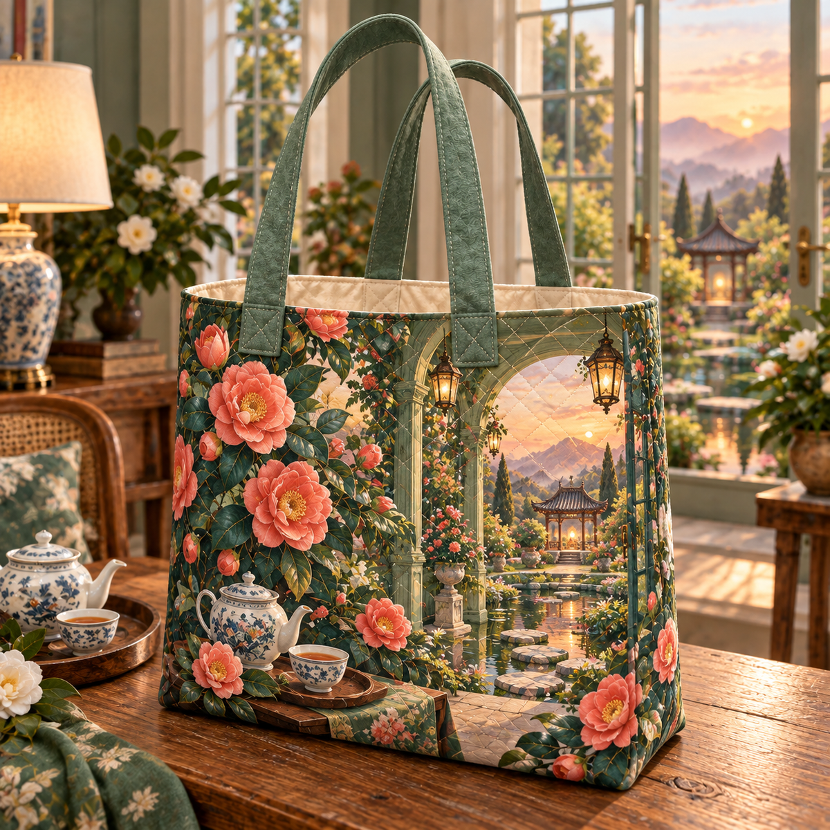 Camellia Welcome Quilted Tote Bag with flat printed optical 3D artwork in its use setting