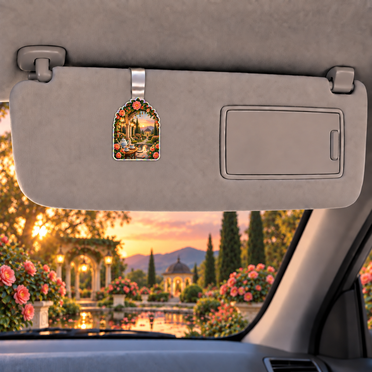 Camellia Welcome Holographic Car Visor Clip with flat printed optical 3D artwork in its use setting