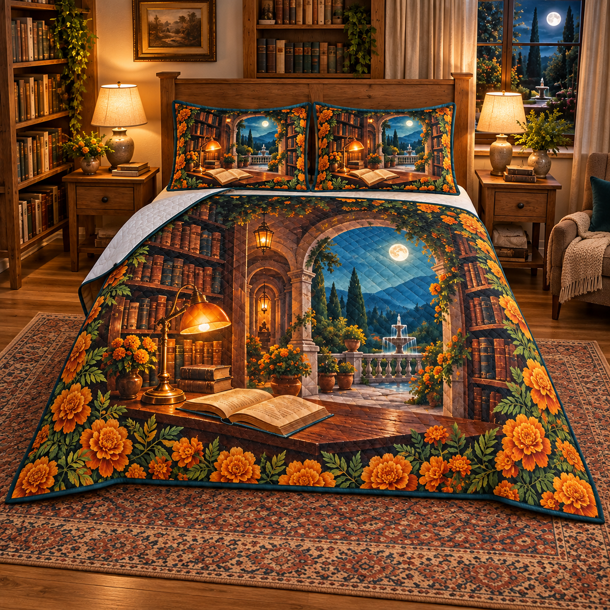 Marigold Library Quilted Bedding Set with flat printed optical 3D artwork in its use setting