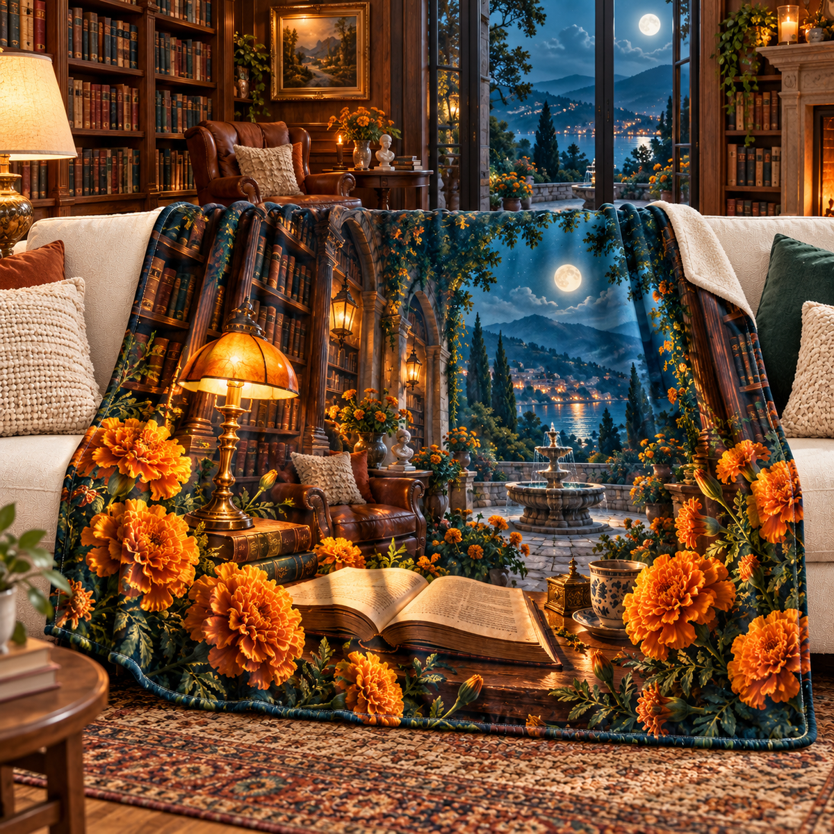 Marigold Library Sherpa & Fleece Blanket with flat printed optical 3D artwork in its use setting