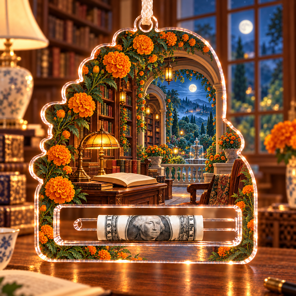 Marigold Library Acrylic Cash Holder Ornament with flat printed optical 3D artwork in its use setting