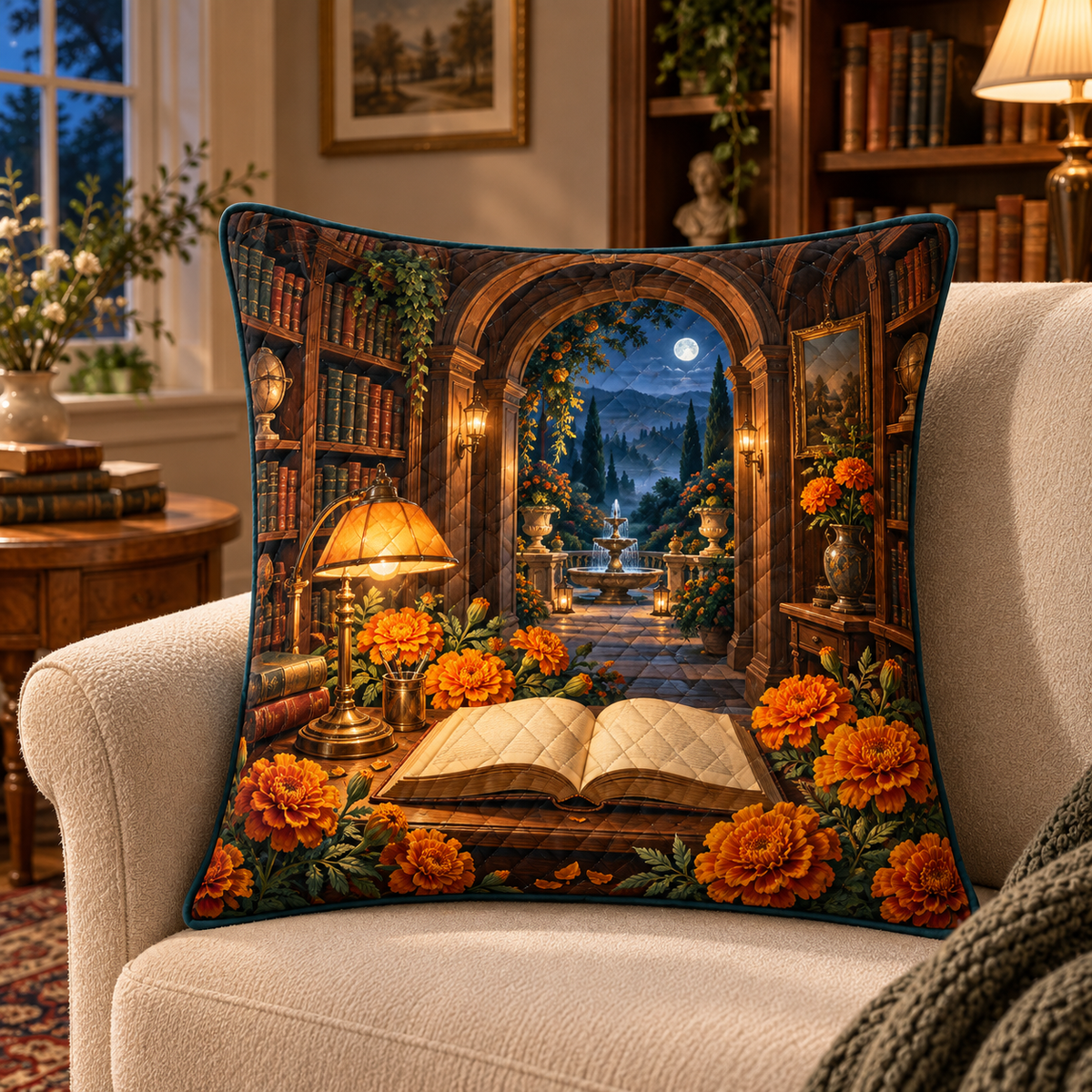 Marigold Library Quilted Cushion Cover with flat printed optical 3D artwork in its use setting