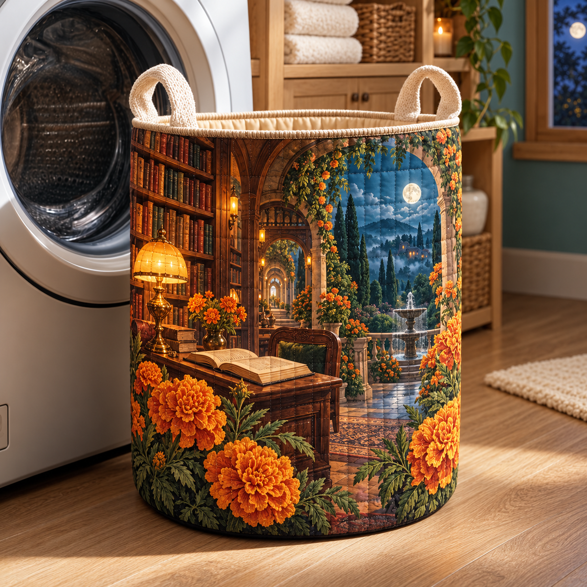 Marigold Library Laundry Hamper with flat printed optical 3D artwork in its use setting