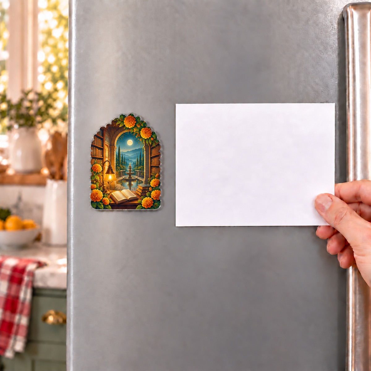 Marigold Library Acrylic Refrigerator Magnet with flat printed optical 3D artwork in its use setting