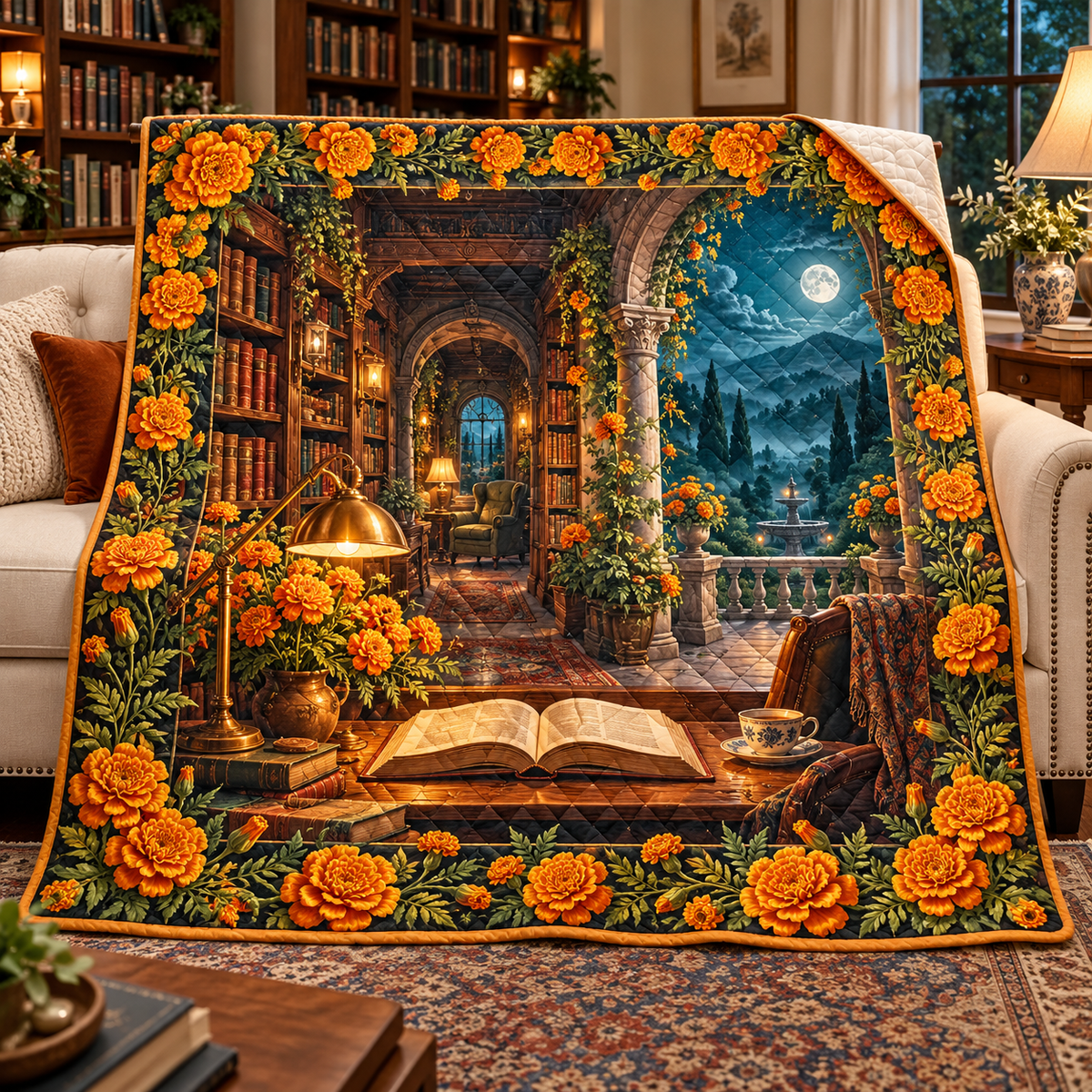 Marigold Library Quilt Blanket with flat printed optical 3D artwork in its use setting
