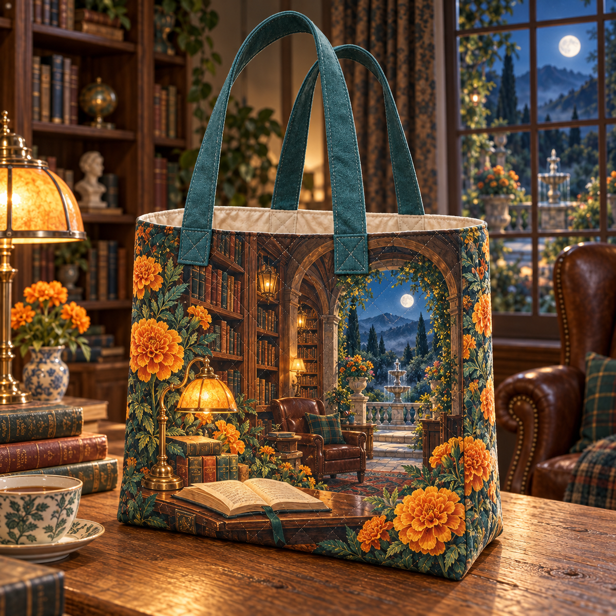 Marigold Library Quilted Tote Bag with flat printed optical 3D artwork in its use setting