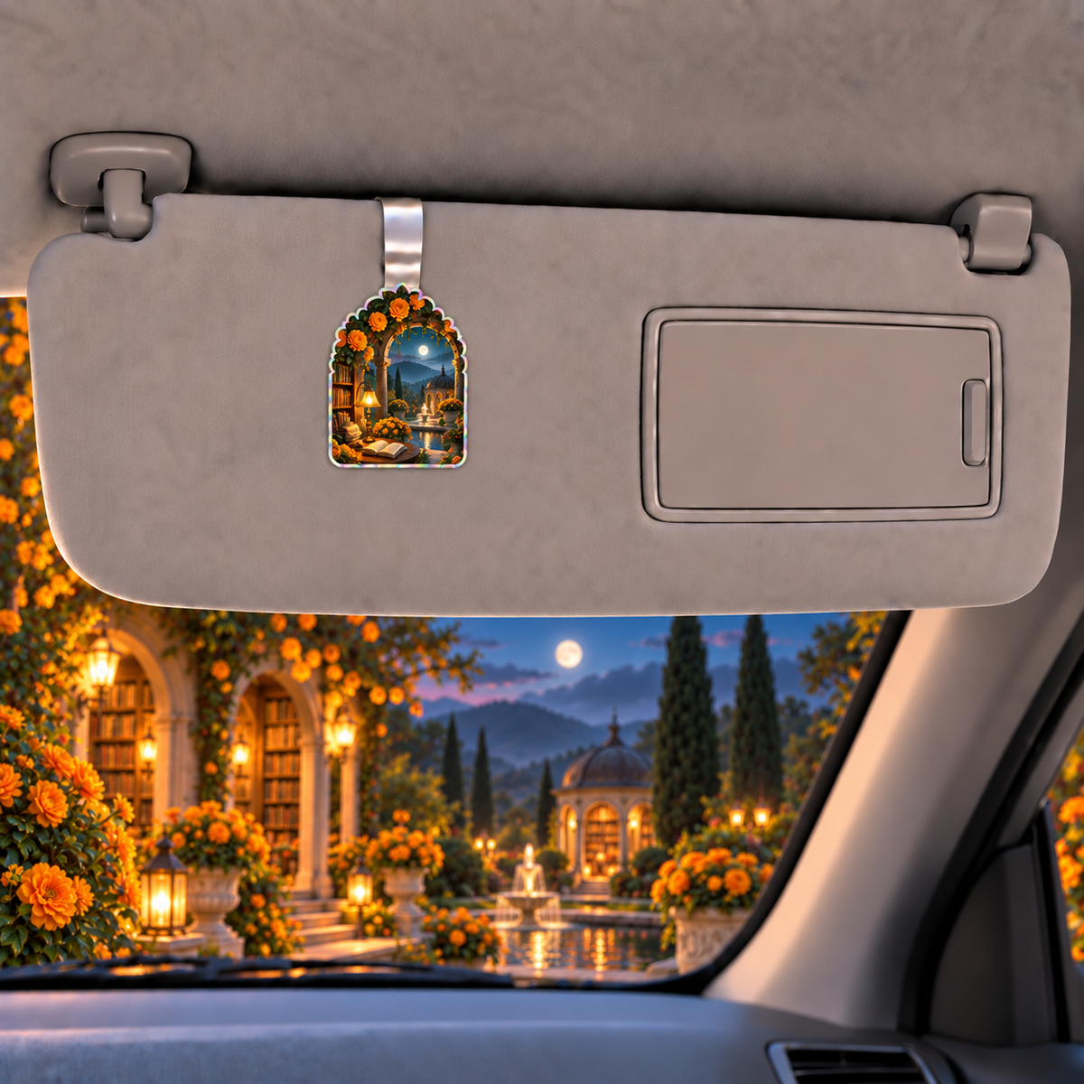 Marigold Library Holographic Car Visor Clip with flat printed optical 3D artwork in its use setting