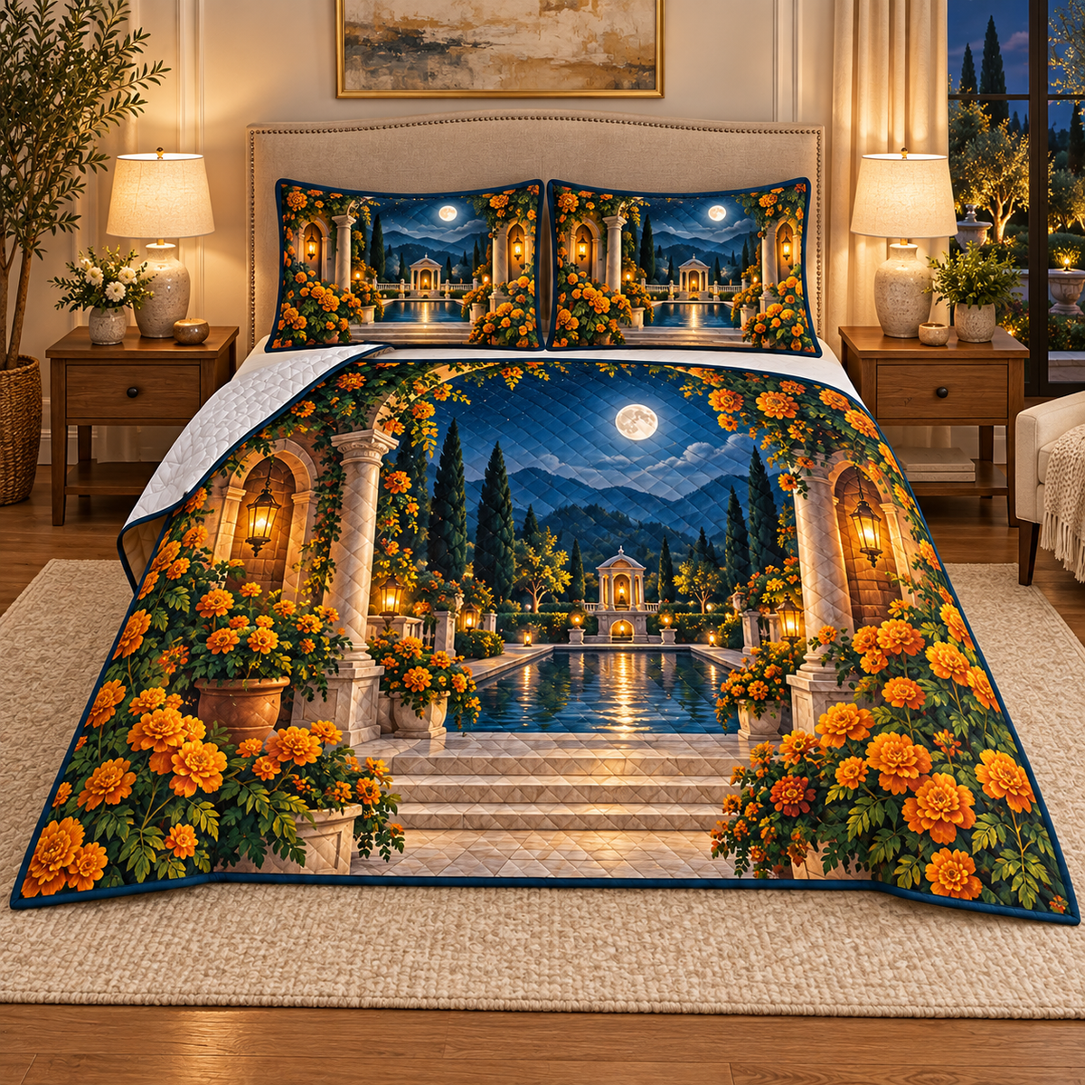 Marigold Mooncourt Quilted Bedding Set with flat printed optical 3D artwork in its use setting